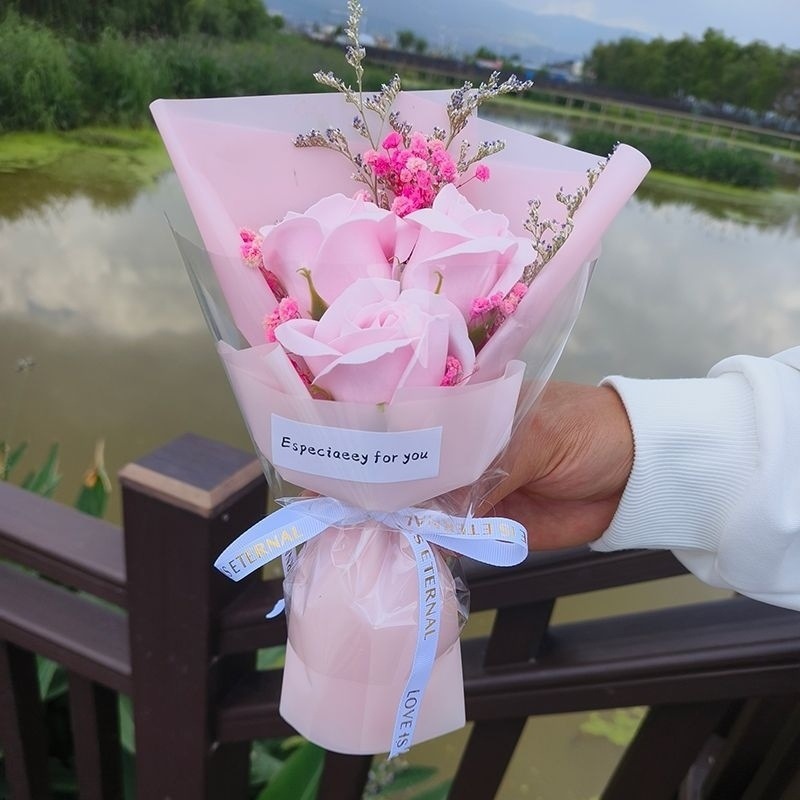 세 가지 핑크 뷰티 - 창의적인 꽃다발 + 선물 가방 + 가벼운 끈 + [핫 스타일 추천]