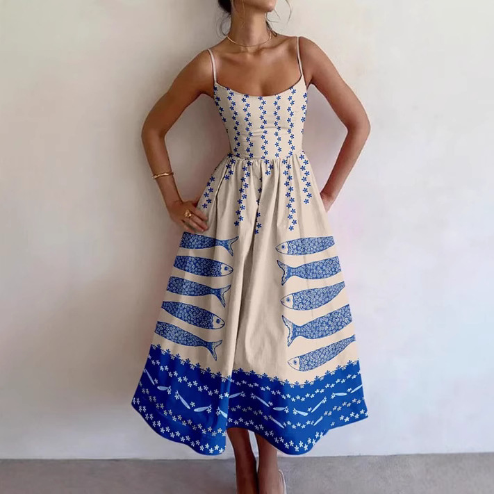 Cross-Border Independent Station Amazon Sleeveless Dress Women's Casual Floral 3D Printed Sleeve Long Dress