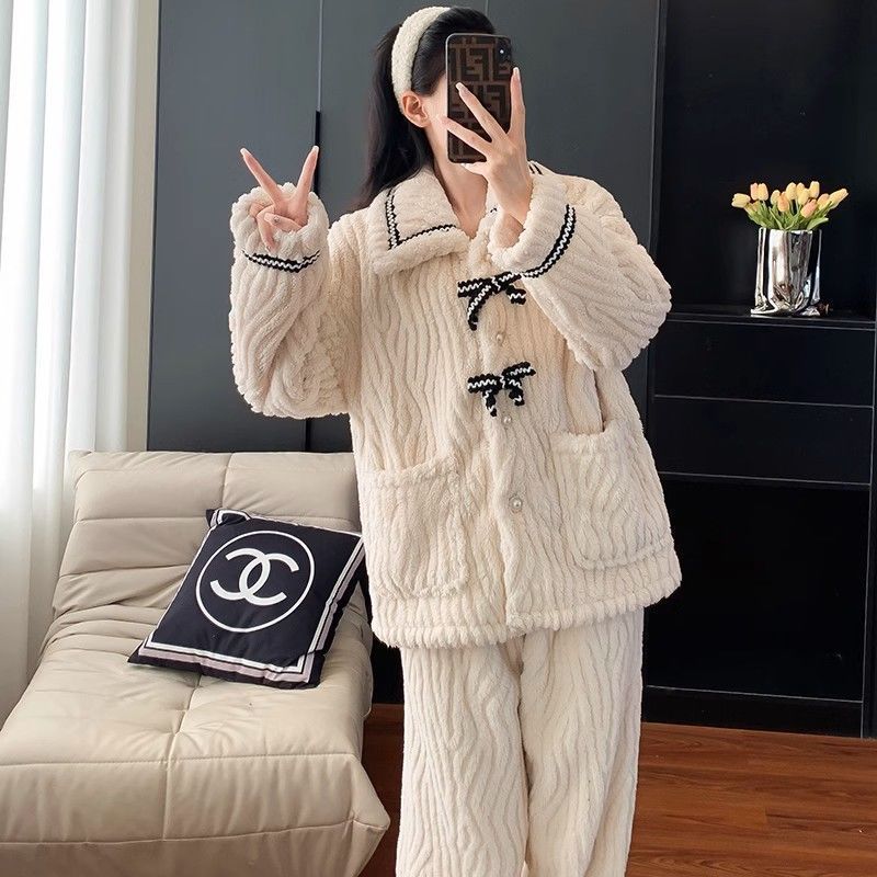 秋冬季新款珊瑚绒开衫睡衣女加厚保暖法兰绒套装甜美蝴蝶结家居服|undefined