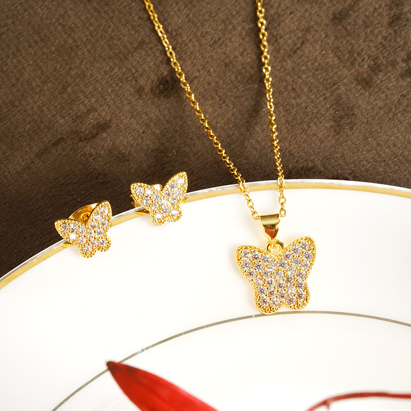 Collar de mariposa de oro de arena vietnamita lleno de pendientes de diamantes moda diseño de todo fósforo ligero lujo durante mucho tiempo conjunto de joyas que no se desvanece