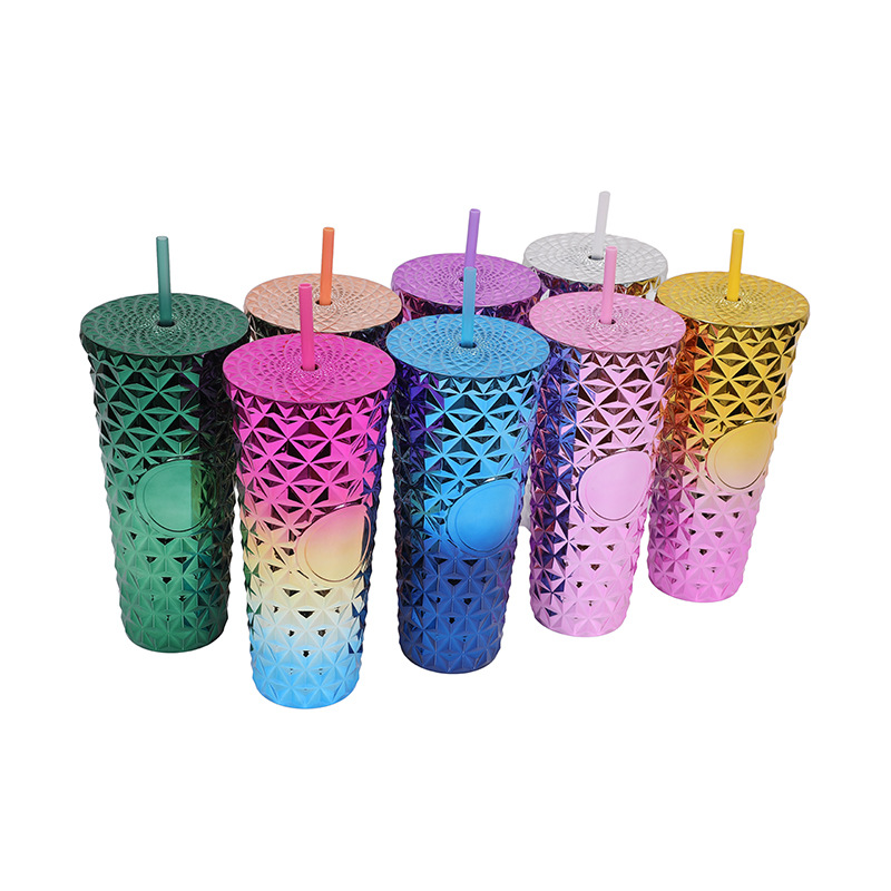 Venta caliente transfronteriza suministro directo de fábrica taza de cristal de galvanoplastia de doble capa taza de paja de plástico de doble capa 24oz taza de agua de gran capacidad