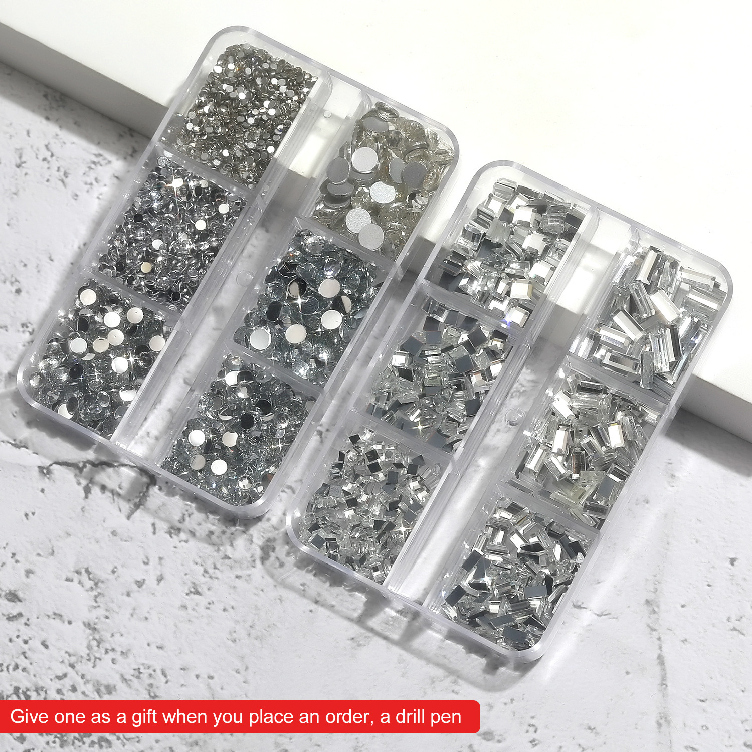 Cross-border Especial 6-grid Caja Mixta joyería de uñas transparente cuadrado plano espejo de diamante en forma especial Aurora uñas Rhinestone