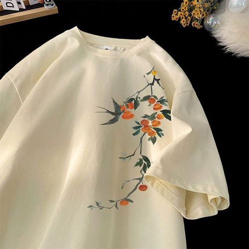 Wine Red New Chinese Style Men's Clothing Chinese Style Short Sleeve T-Shirt for Men Couple Design Sense Heavyweight 200g Summer 7/8 Sleeve