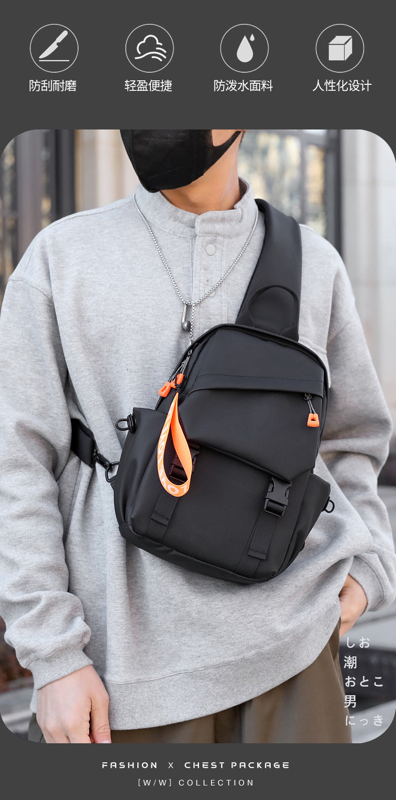 New trendy men's chest bags, casual single-shoulder bags, backpacks, crossbody bags, water-resistant men's bags, business men's bags, cross-border Specification drawing