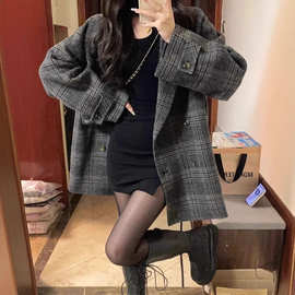 短款呢子大衣女新款秋冬季格子毛呢外套高级感加厚西装韩系