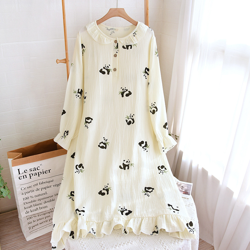 LJベージュパンダ-クレープクルーネック長袖スカート