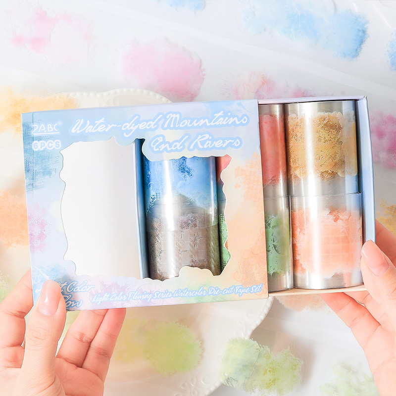 Color claro, rima, acuarela, estilo manchado, pet troquelado, cinta de cuenta de mano, etiqueta de material decorativa de fondo de tinta de cuenta de mano de bricolaje