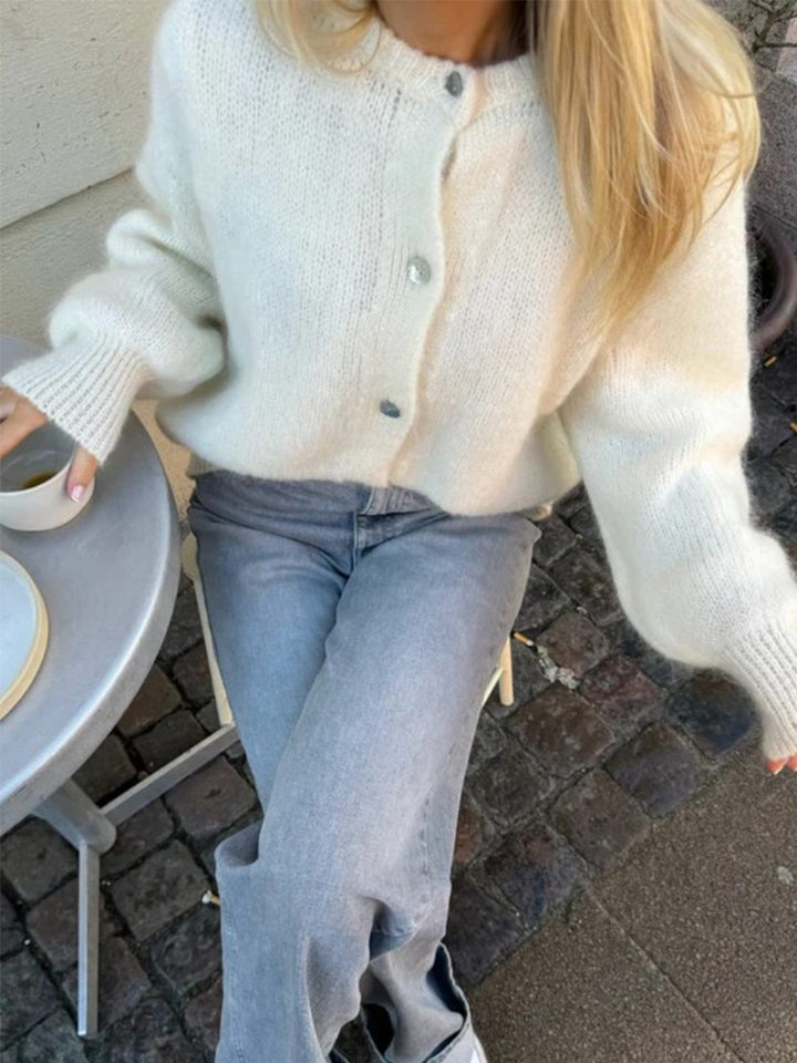 Áo cardigan len dệt kim dáng mỏng nhẹ cài nút một hàng, tay dài cổ tròn nữ — hoa hồng đỏ, màu be, màu cam, màu hoa cà chi tiết 64
