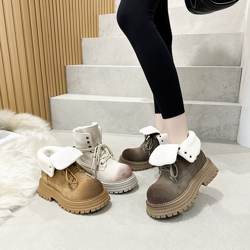 Мартина сапоги женские матовые шкуры старые ретро лацканы меховые туфли