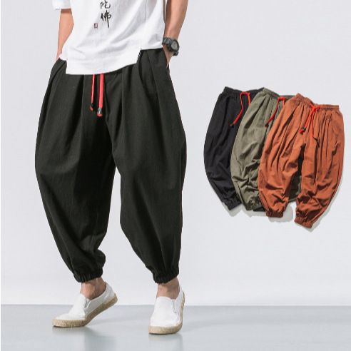 中国风日系亚麻休闲裤男九分宽松阔腿束脚胖子潮牌加肥大码萝卜裤