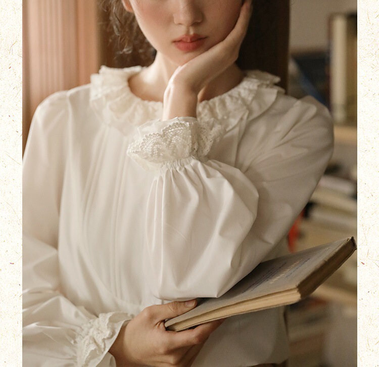 Nesoulum White Double Lace Collar Trimmed Shirt Women's Autumn French Style Retro Loose Design Top Nesoulum White Double Lace Collar Trimmed Shirt Women's Autumn French Style Retro Loose Design Top