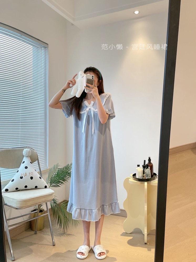 Pijama de verano de mangas cortas cuello de muñeca dulce hadas corte coreana estudiante pijama princesa vestido de viento