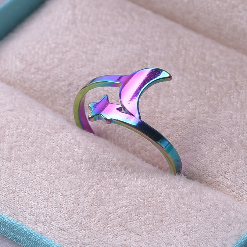 1 Piece Quantity Daily Occasion 304 Stainless Steel Material Star, Moon Pattern PVD Coated Real Gold Plated 18K Gold Star Moon 304 Stainless Steel Casual Waterproof Non Tarnish Open Ring