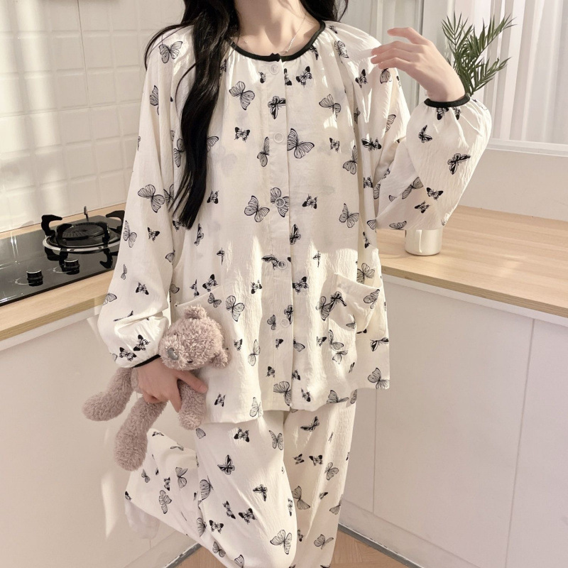 睡衣女春秋季云朵棉圆领开衫翻领蝴蝶印花长袖长裤两件套家居服_