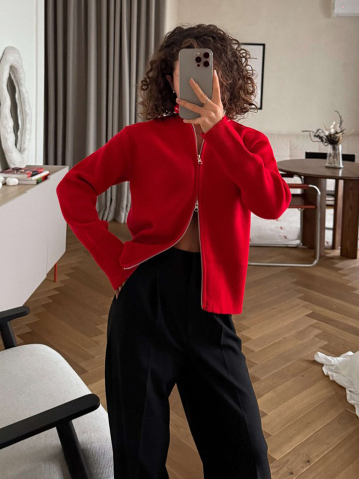Áo khoác cardigan len dệt kim cổ đứng khóa kéo hai chiều dài tay — Màu nâu cà phê, Màu trắng, màu đen, màu đỏ
