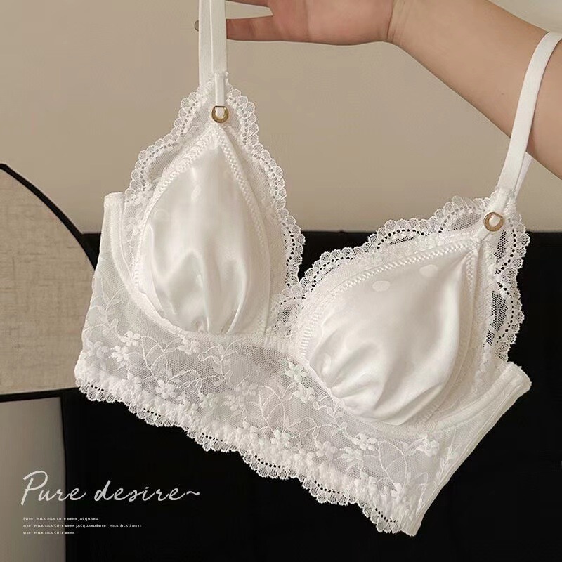 French Style Pure Desire Style Underwear Women's No Steel Ring Thin Triangle Cup Small Chest Push-up Pink Sexy Wave Dot Lace Bra