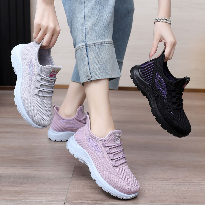 Spring New Women's Shoes, Breathable Fly-Knit Lightweight and Comfortable Walking Shoes, Middle-Aged and Elderly Mom's Shoes, Sports and Casual Shoes
