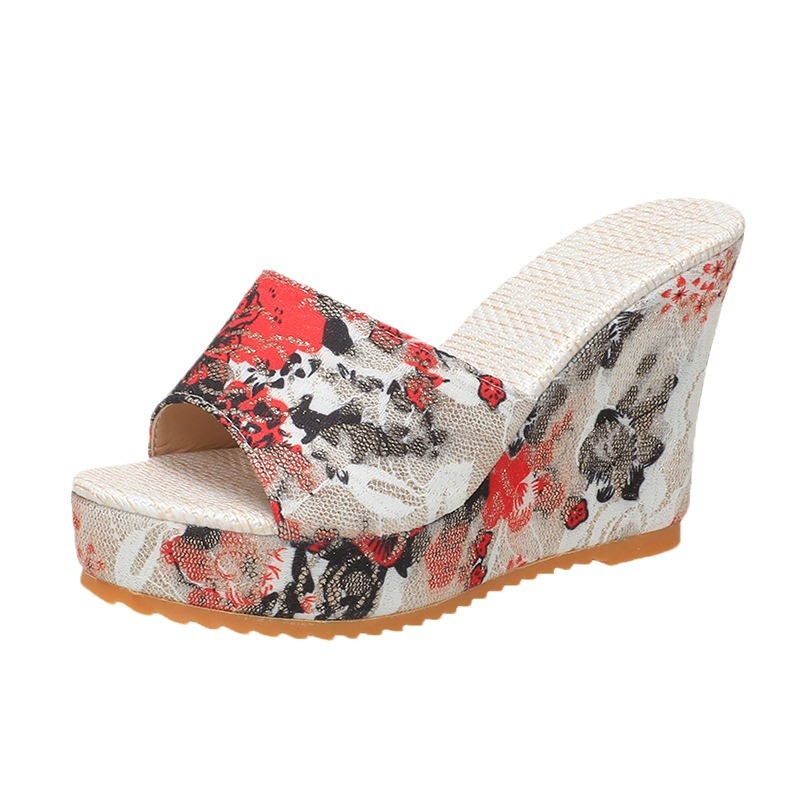 Floral Print Ethnic Style Wedge Heel Peep Toe Roman Sandals, Summer New Style, Open Toe, Platform, Plus Size Women's Sandals_voghion.com