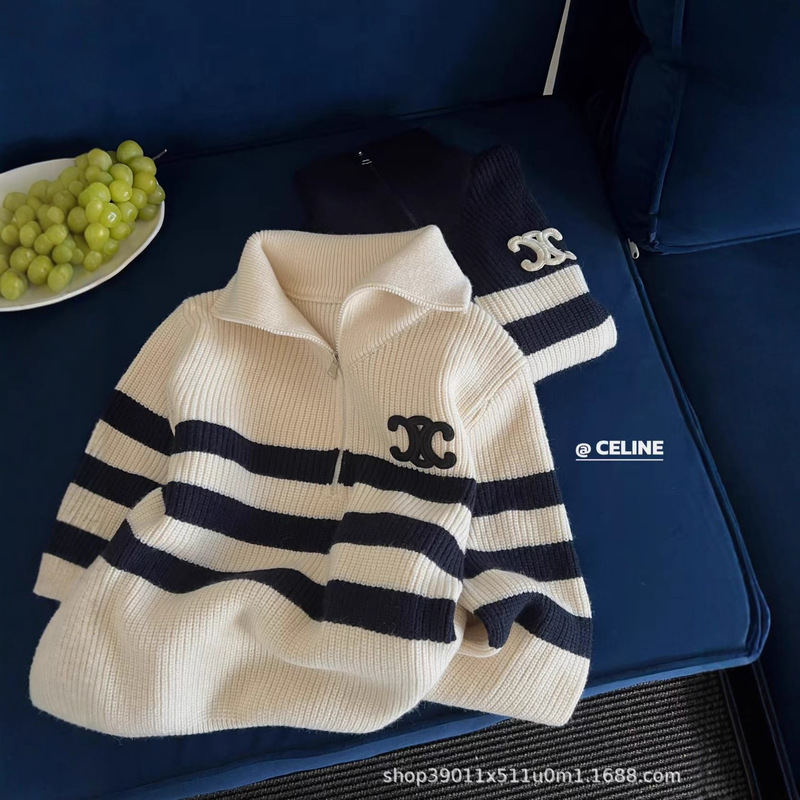 2025 Autumn and Winter New Ce Half-Zip Sweater High Collar Stripesd Contrasting Lazy Style Warm and Versatile Knitted Top for Women 2025 Autumn and Winter New Ce Half-Zip Sweater High Collar Stripesd Contrasting Lazy Style Warm and Versatile Knitted Top for Women