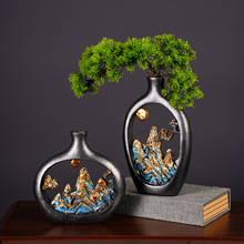 新中式复古摆件玄关客厅装饰品迎客松花瓶摆设电视柜酒柜装饰品