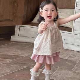 宝宝碎花吊带儿童裤2026女童夏季套装粉色半身裙背心新款韩版童装