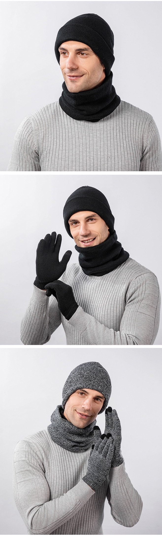 Nuovo cappello invernale in velluto lavorato a maglia, sciarpa, set di guanti touch screen, essenziale per tenersi al caldo quando nevica, cappello di lana, copricollo spesso per uomo_voghion.com