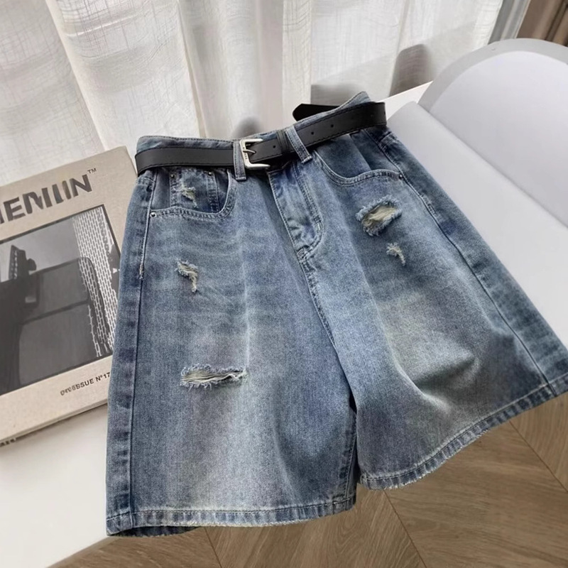 Pear-Shaped Figure Ripped Denim Shorts for Women, Summer Plus Size, Petite High-Waisted Loose Slimming Knee-Length Wide-Leg Shorts