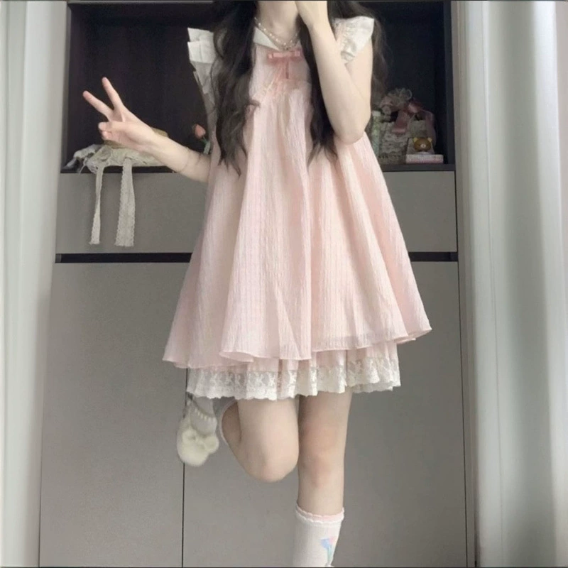 Японский милый мягкий женский свободный розовый топ с маленькими летящими рукавами для женщин летом с кружевной юбкой-бутоном, короткой юбкой