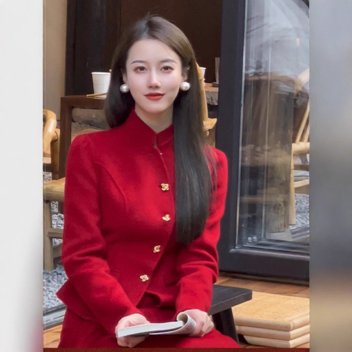 2025 New Autumn and Winter Red Toast Dress Engagement Wear Double-Sided Wool Suit New Year's Shirt Cocktail Dress