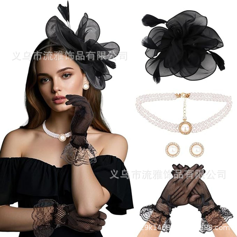 Popular cross-border feather flower headpiece, small party hat, bridal veil, vintage wedding headpiece set for women