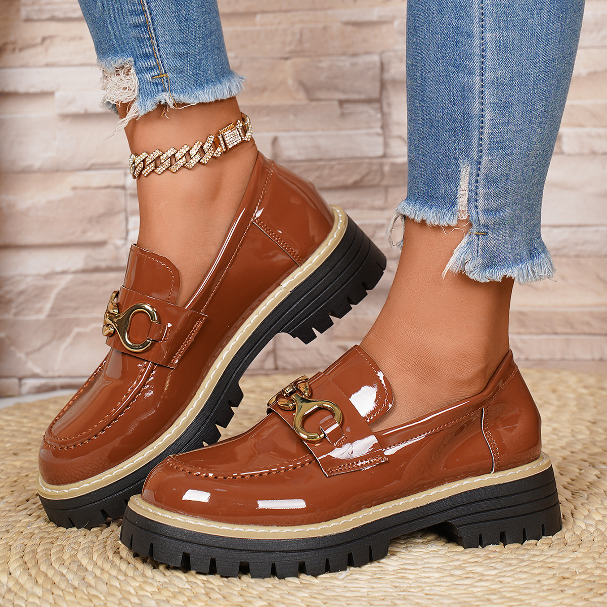Retro Metal Chain Platform Low Top Shoes For Women British Style Leather Plus Size_voghion.com