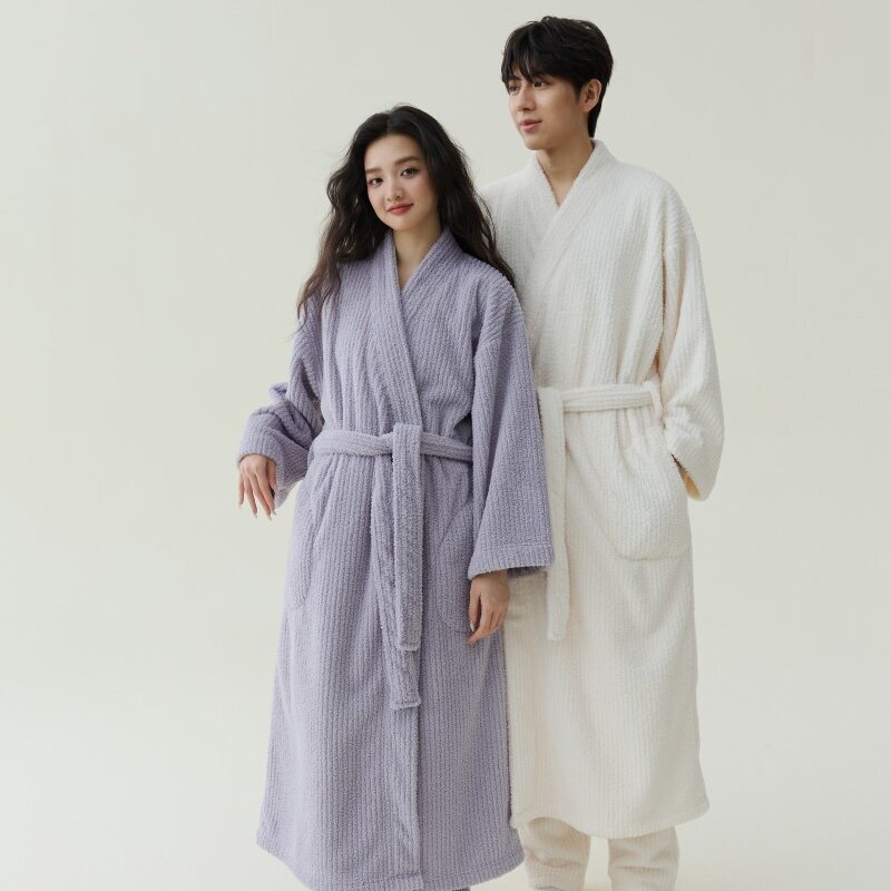In-Stock Autumn and Winter New Coral Fleece Thickened Beautiful Fleece Unisex Bathrobe Long Bathrobe Couple Pajamas Bathrobe Morning