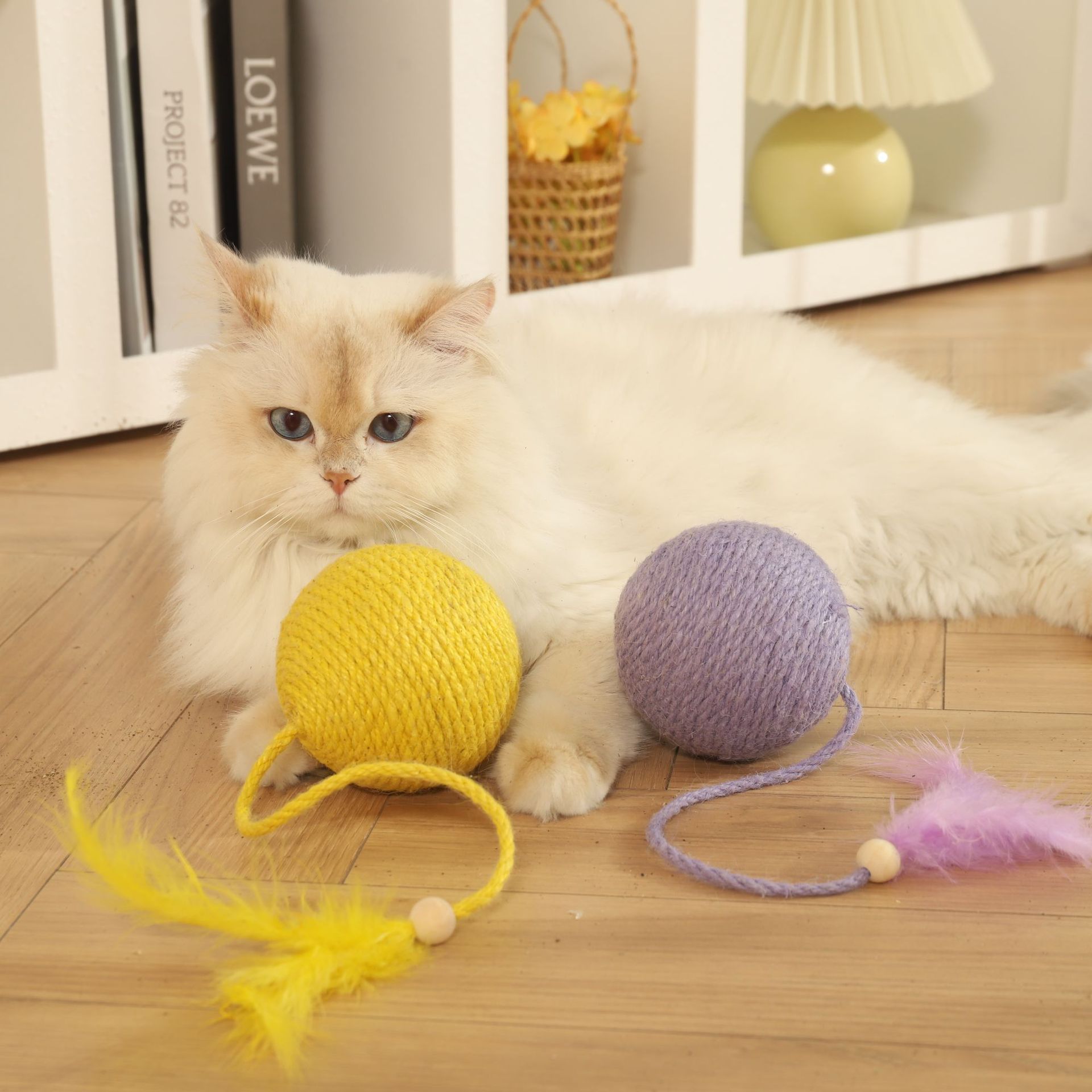 HOOPET cuerda larga con plumas, bola de cuerda de cáñamo, gato, gatito que muerde, gato, resistente al desgaste, resistente al desgaste, auto-aburrido, palo de gato divertido