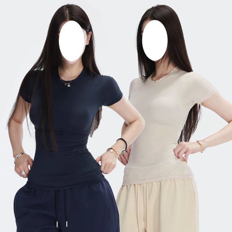 半袖春夏スリムフィット伸縮性右肩タイトピンクTシャツ半袖トップス女性用|undefined