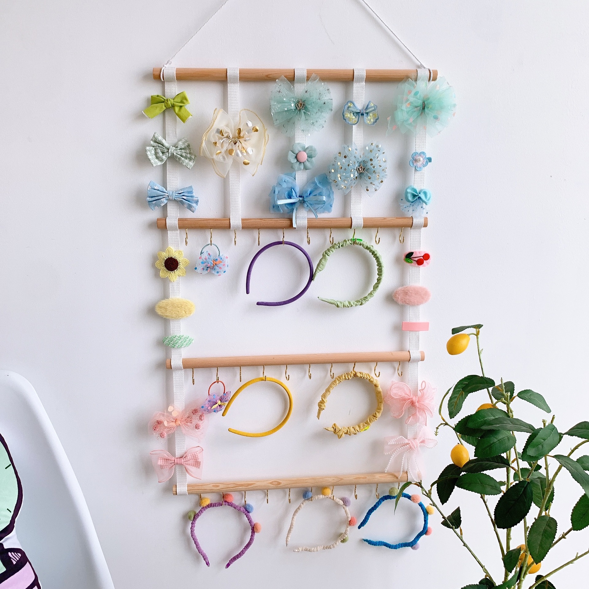 INS decorative Nordic webbing wooden stick children's hairpins and hair accessories storage belt wall hanging headwear organization belt (iron hook style
