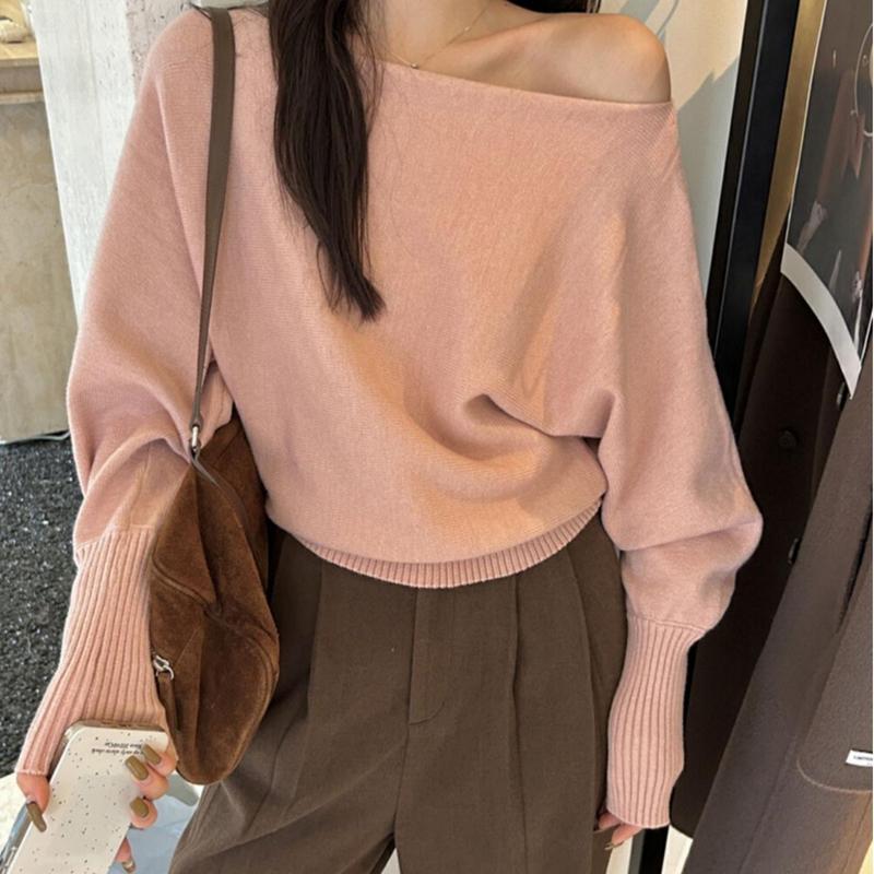 温柔风斜肩一字领灯笼袖针织衫女装2025韩系穿搭宽松别致小衫上衣|undefined