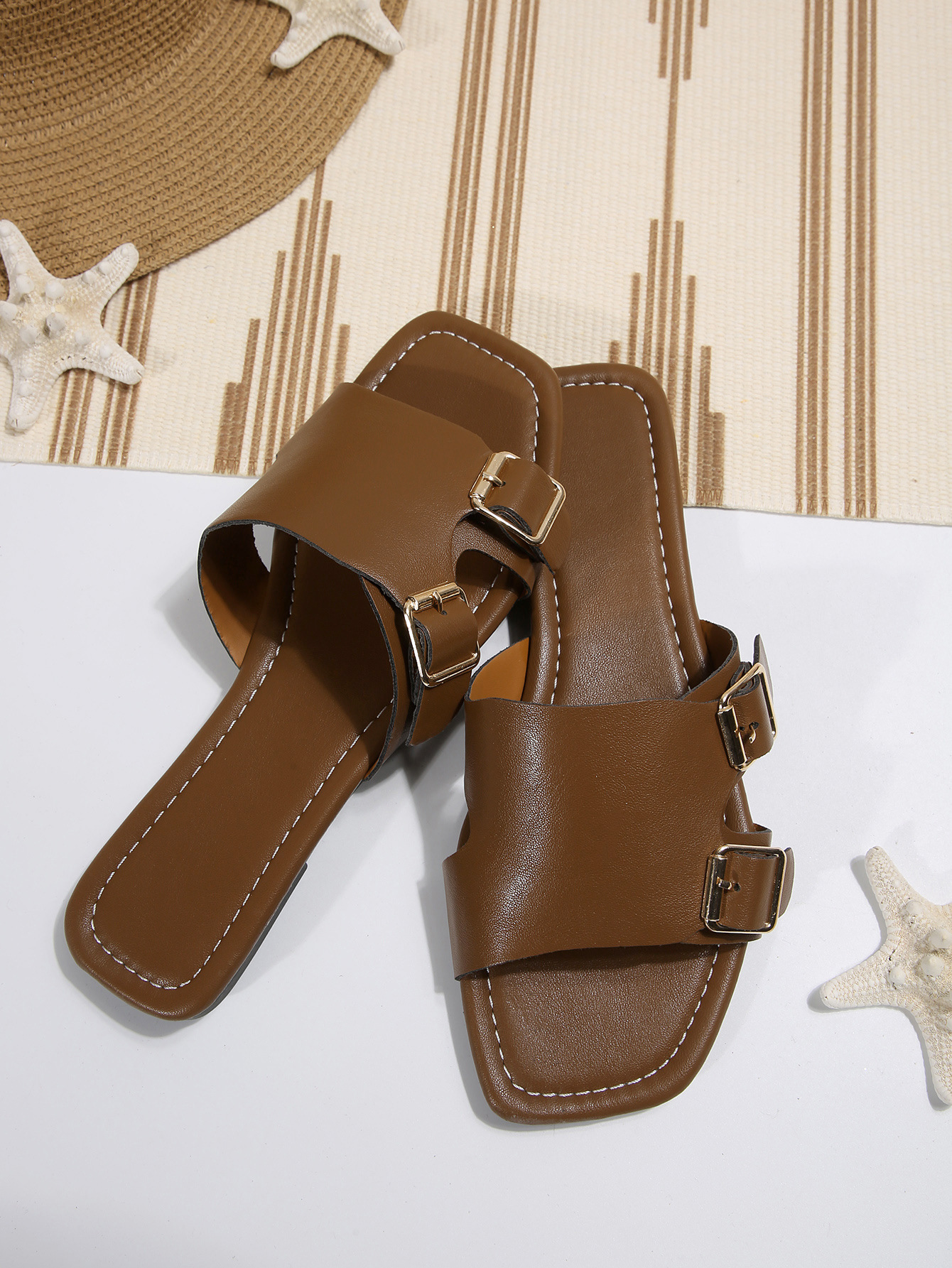 Women's Plus Size Flat Buckle Beach Sandals Square Toe Strappy_voghion.com