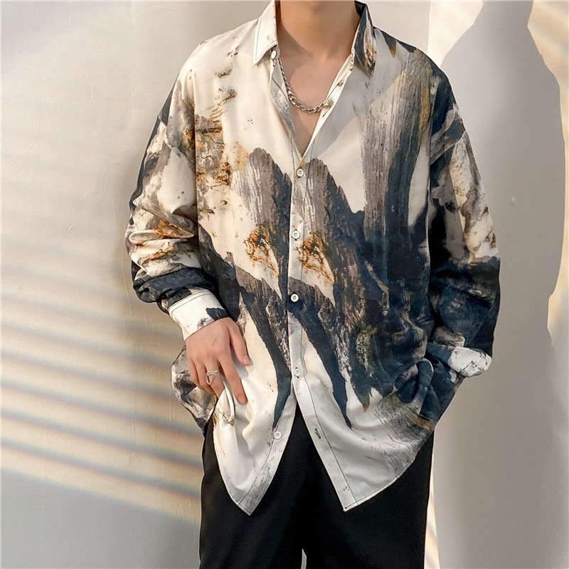 One-piece dropshipping cross-border Hong Kong style retro printed long-sleeved floral shirt men's printed cool beach shirt Hawaiian jacket