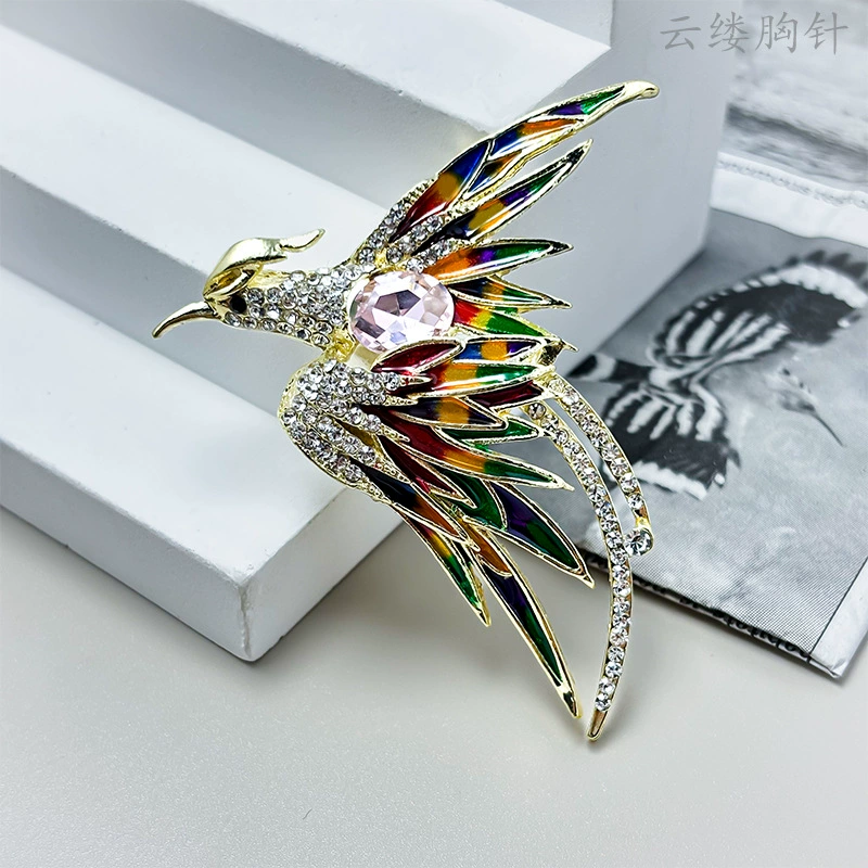 Phoenix metal brooch pin, enamel accents, gold-tone alloy, 5.76×4.48 cm, multicolor options