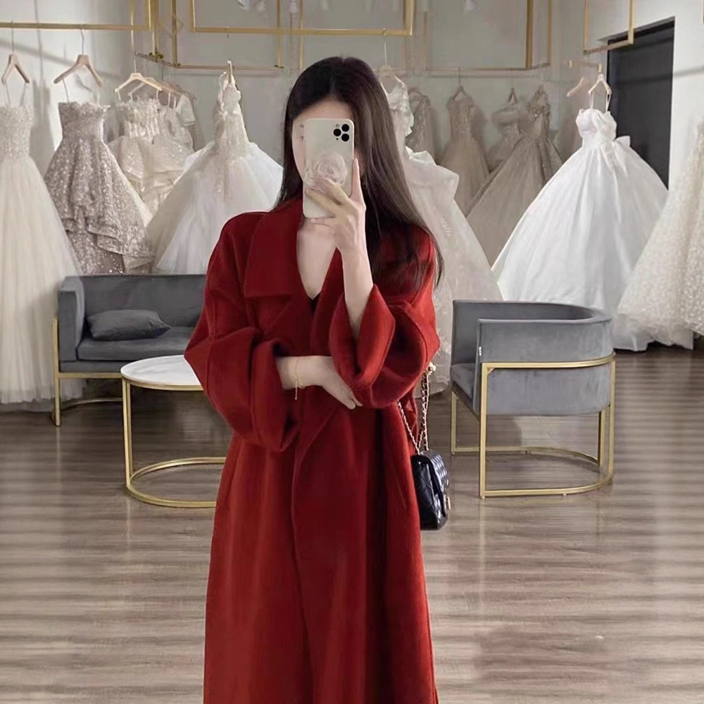 시칠리아 양면 울 캐시미어 코트 여성용 가을 겨울 헤본 스타일 롱 레이스업 모직 코트 2025 신상