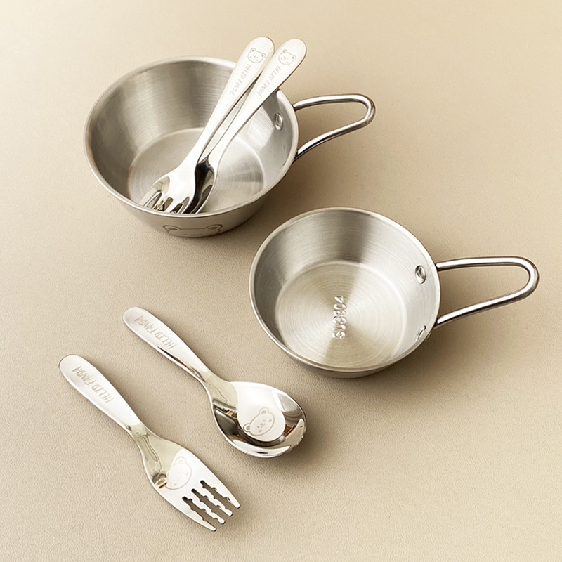 Carefully Selected Household Baby Food Bowls, 304 Stainless Steel with Handle, Anti-Scalding Children's Bowls, Korean-Style Rice Bowl Three-Piece Set