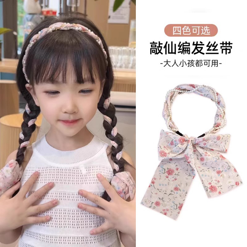 Niños super inmortal tejido bufandas de seda flotantes flores flotantes un cabello de cola de caballo atar cinta de cabello cabeza de cuerda de perla cabeza de cuerda de cabello