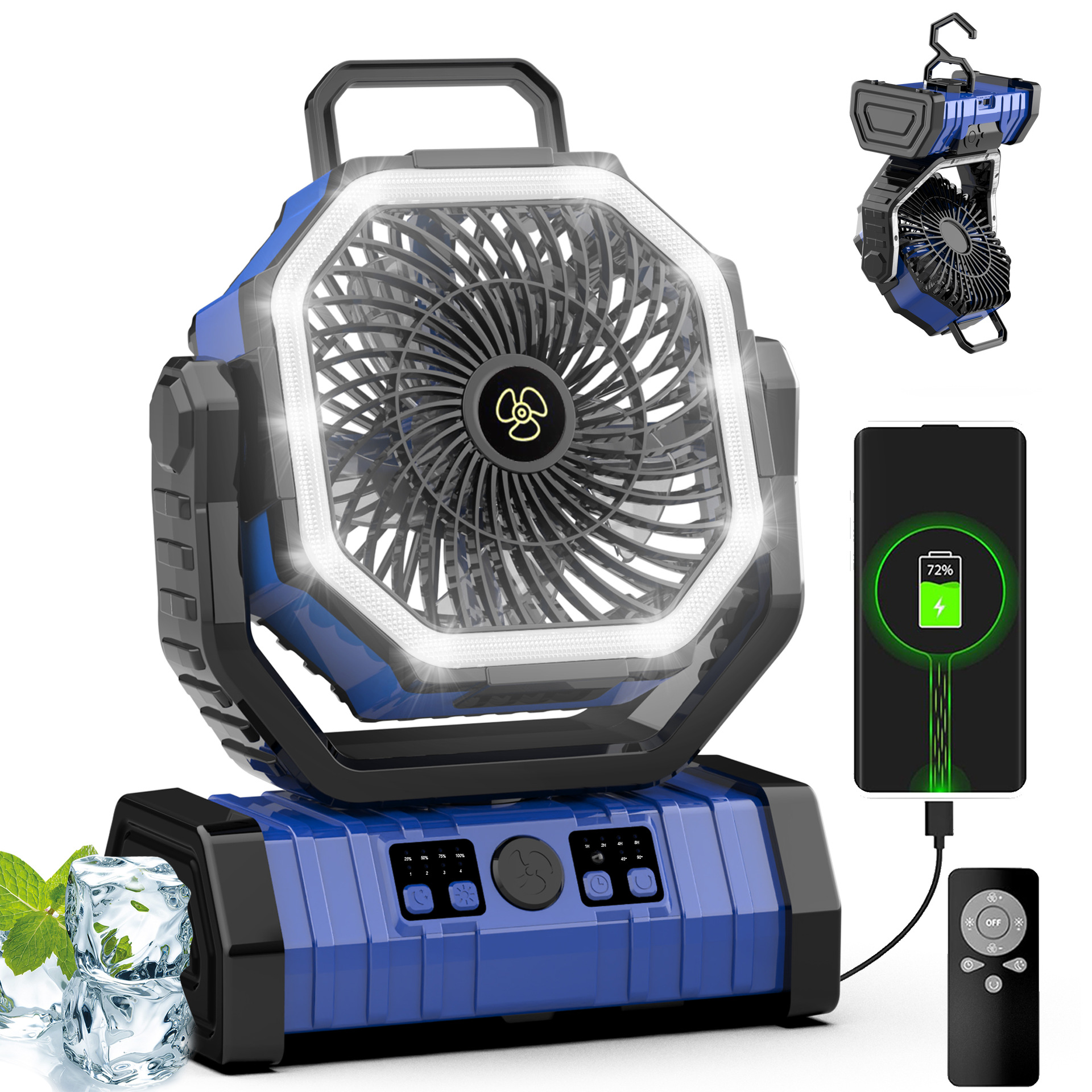 Ventilador Portátil con Gancho para Camping 20000mAh con Luz LED, Oscilación y 4 Velocidades