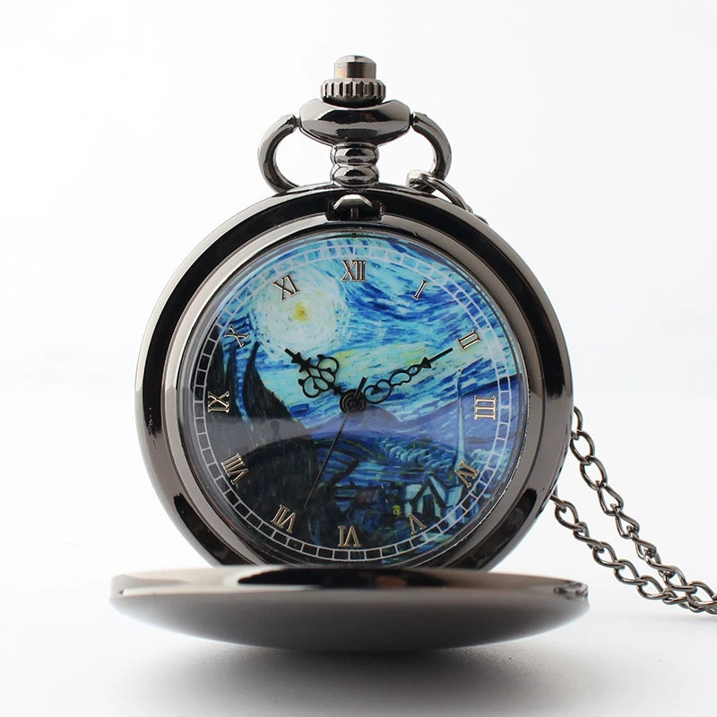Quartz Pocket Watch European and American Style Van Gogh Painting Starry Night Pattern Young Men and Women Retro Flip Watch Wholesale