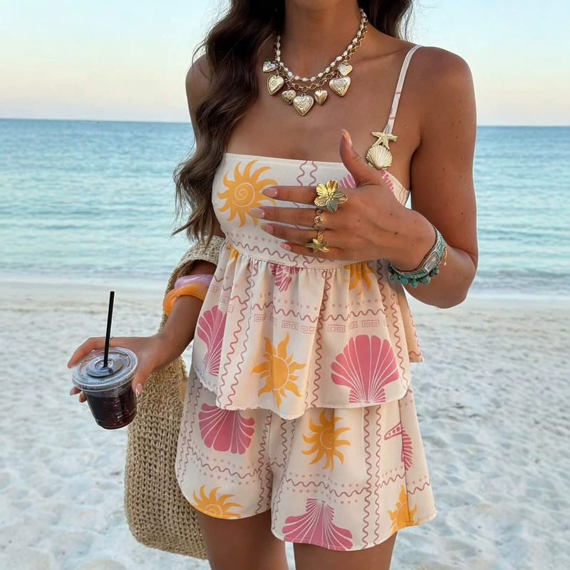 Women's ruffled floral print tank top and shorts two-piece set, casual style, vacation wear