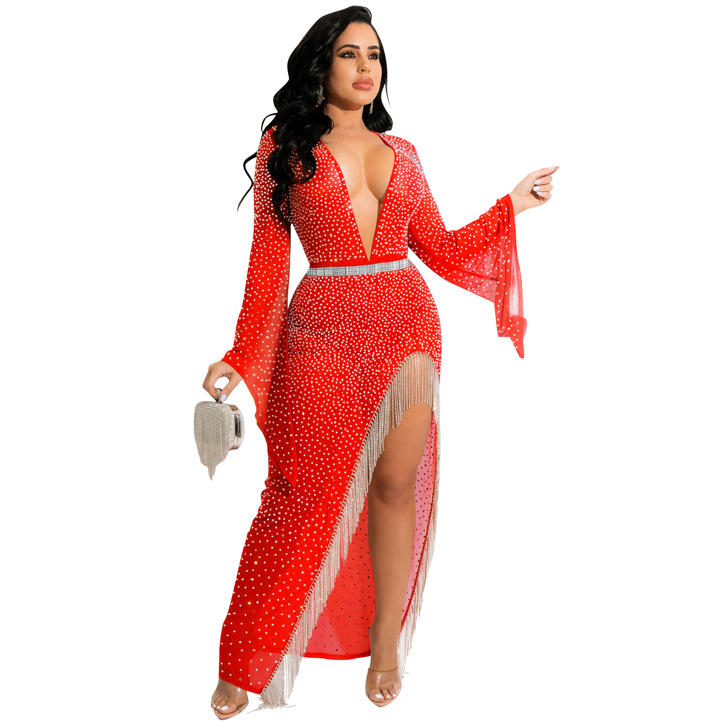 X5597 AliExpress moda sexy discoteca caliente rhinestone profundo V manga ancha irregular split borla vestido de las mujeres