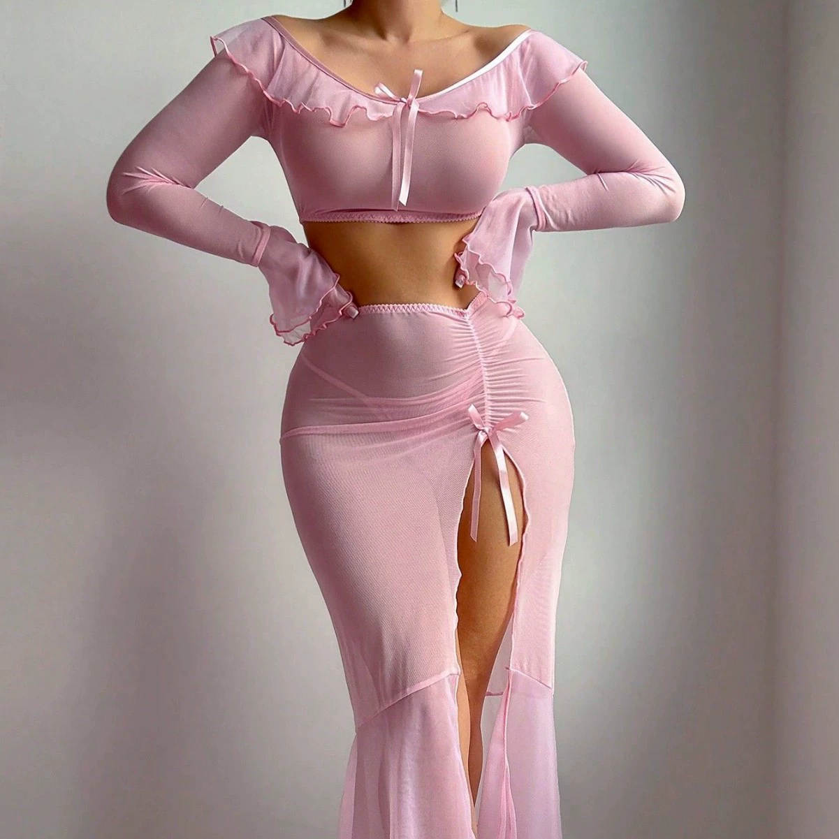 2025 Amazon трансграничный европейский и американский новый сексуальный нижнее белье сетчатый соблазн длинный рукав бюстгальтер сексуальный стройный костюм