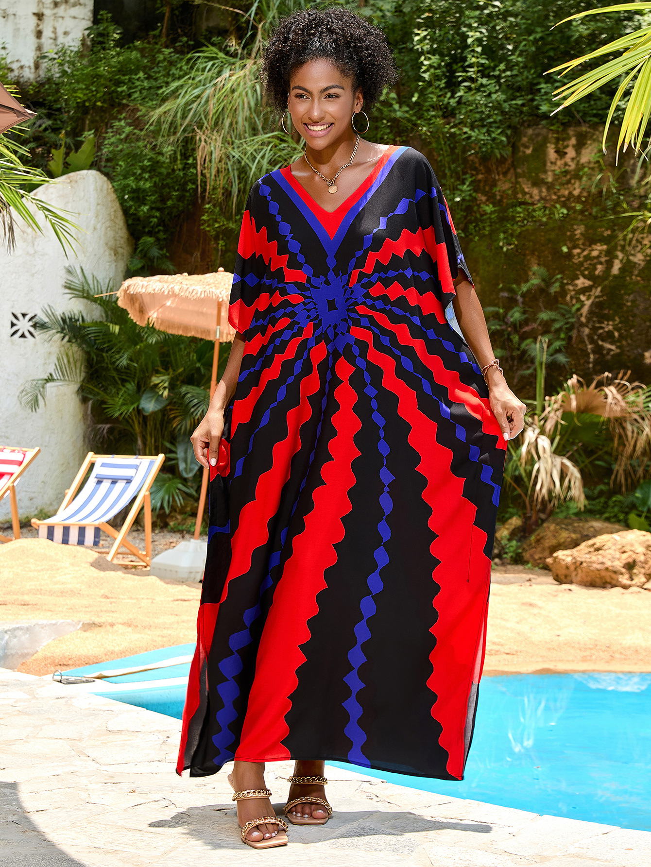 Transfronterizo nuevo algodón impresa camiseta de playa suelta vestido de vacaciones bikini con buñuelo A031