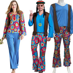 新款分碼萬聖節服裝男女情侶復古70年代歐美迪斯科嬉皮士舞會服裝