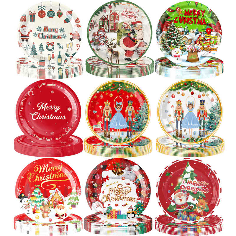 Various Christmas disposable paper plate and cup sets, Santa Claus-themed festive party paper tableware, and party supplies Various Christmas disposable paper plate and cup sets, Santa Claus-themed festive party paper tableware, and party supplies